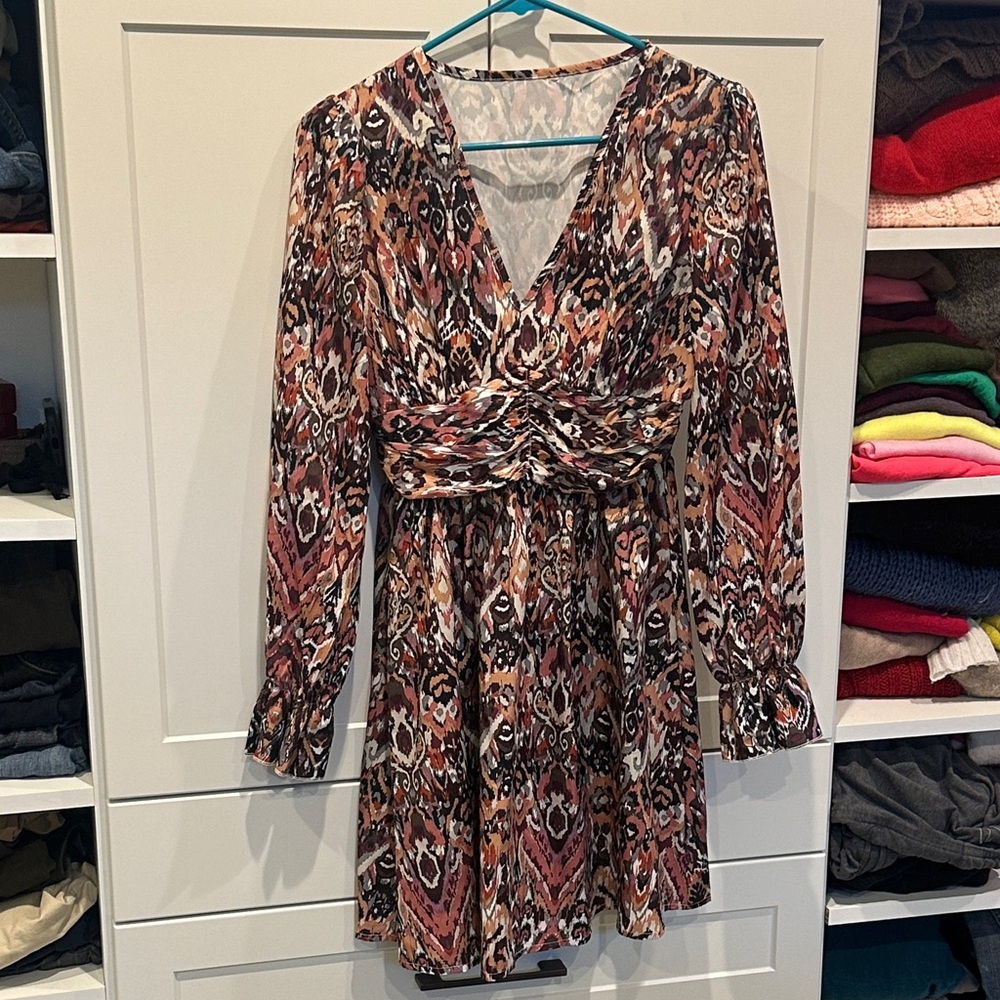 Multicolored Ikat Pattern knee length long sleeve Dress size S